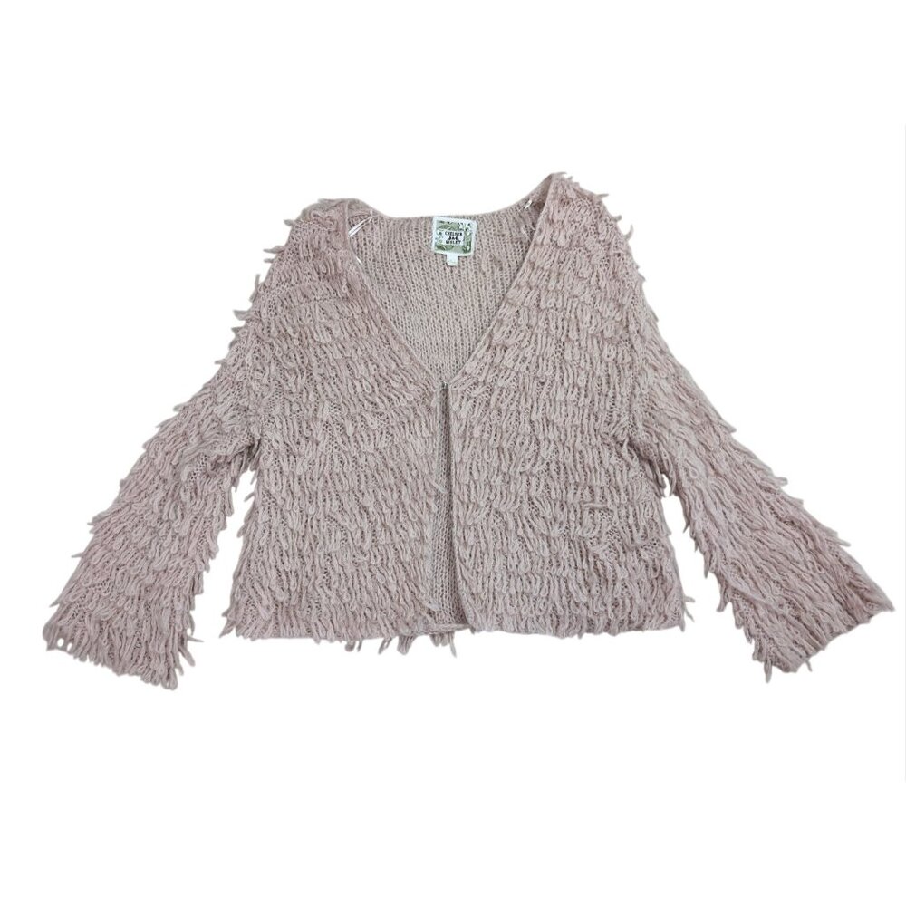 Chelsea & Violet Looped Yarn Fringe Cardigan Sweater‎ Womens L Pink Boho Chic
